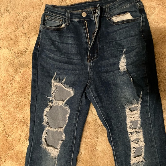 SHEIN Dark Blue Distressed Wide Leg Jeans - Picture 2 of 4